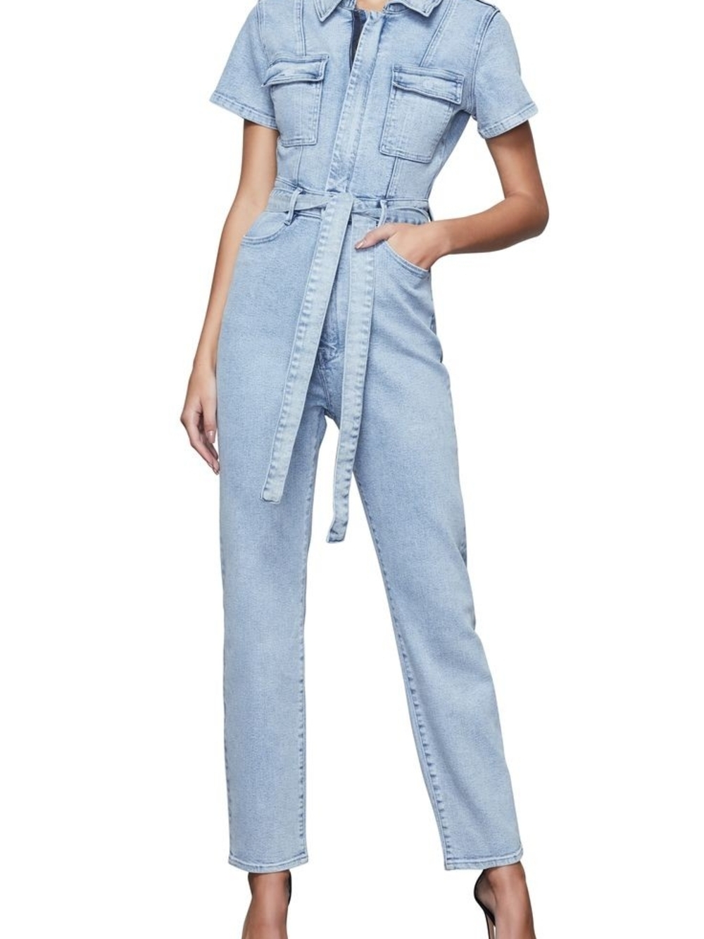 Good American Light Blue Denim Straight-Leg Jumpsuit